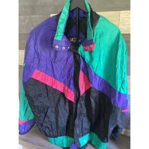Vintage Andy Johns Jacket Womens Medium Black Purple Green Nylon Windbreaker 90s